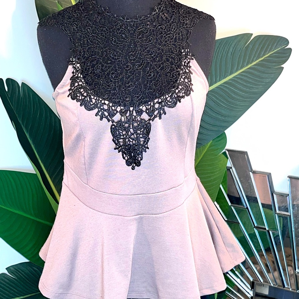Tan & Black Peplum Tank Top